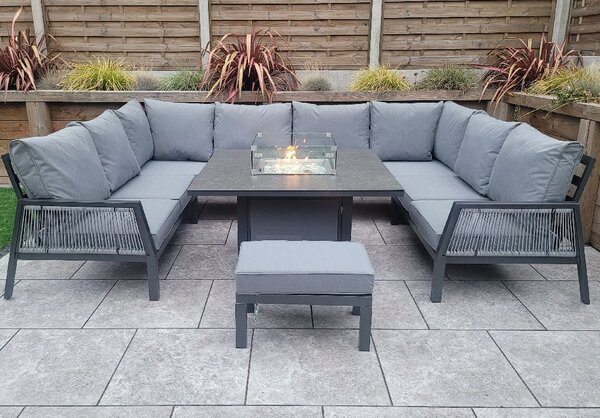 Bessie Glass Top U Shaped Garden Seating Set With Fire Pit In Grey