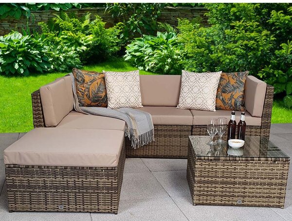 Shafter Rattan Garden Corner Sofa Seating Set In Natural Brown