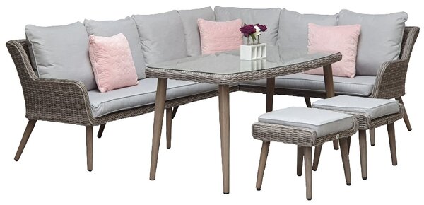 Deven Glass Top Garden Sofa Dining Set With 2 Ottomans In Grey