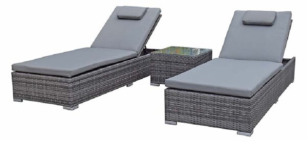 Jeana Rattan Garden Sun Loungers With Drink Table In Grey