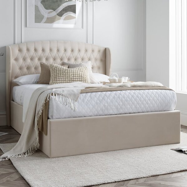 Warren Velvet Ottoman Storage Double Bed In Oatmeal