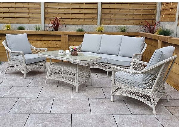 Renton Rattan Garden Sofa Seating Set With Coffee Table In white