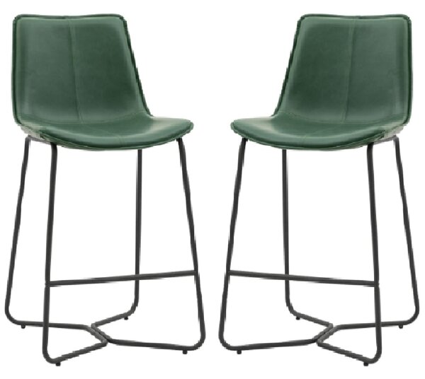 Holland Green Leather Bar Chairs With Metal Frame In Pair