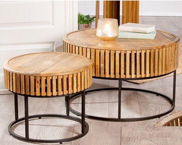 Balzac Wooden Set Of 2 Side Tables With Black Frame In Natural