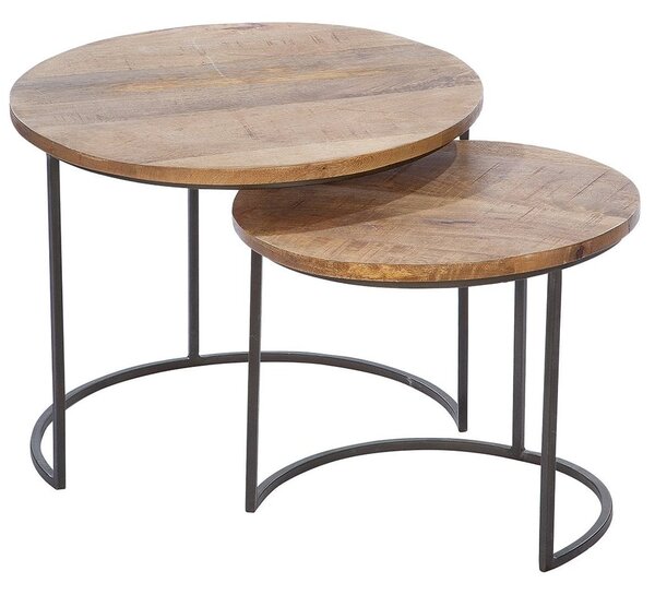 Adel Wooden Round Set Of 2 Side Tables With Black Frame In Natural
