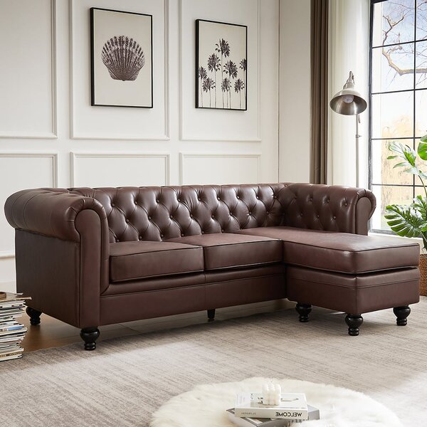 Hertford Chesterfield Faux Leather L Shaped Corner Sofa In Dark Brown