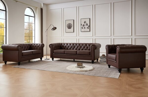 Hertford Chesterfield Faux Leather 3+2+1 Seater Sofa Set In Dark Brown