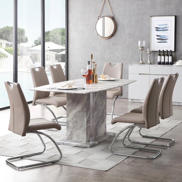 Amarillo Marble Dining Table With 6 Champagne Chairs In Grey