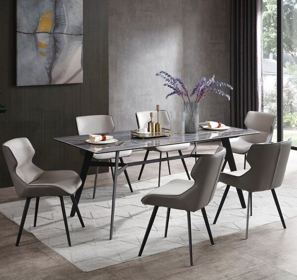 Bolivia Glass Dining Table With 6 Stone Grey Chairs In Blue Mist