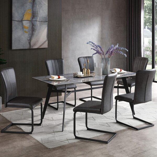 Bolivia Glass Dining Table With 6 Antique Grey Chairs In Blue Mist