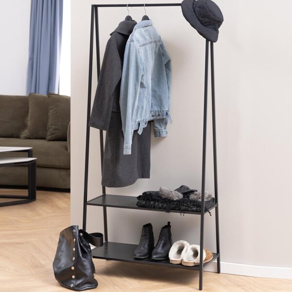 Salvo Wooden Clothes Rack With 2 Shelves In Ash Black