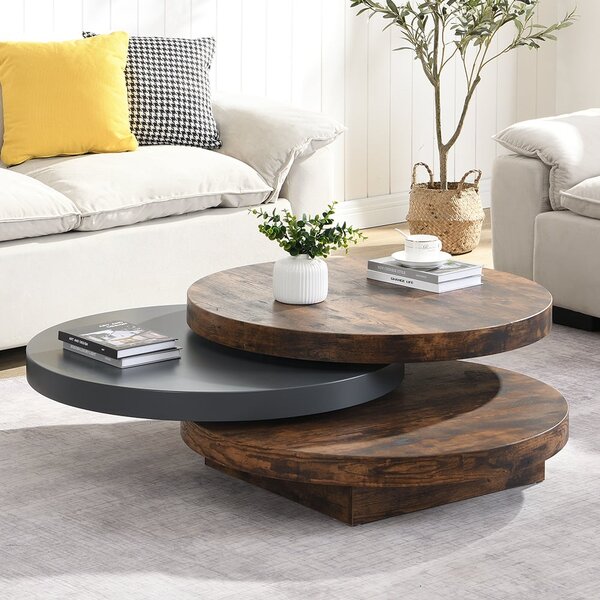 Triplo Round Wooden Rotating Coffee Table In Rustic Oak And Grey