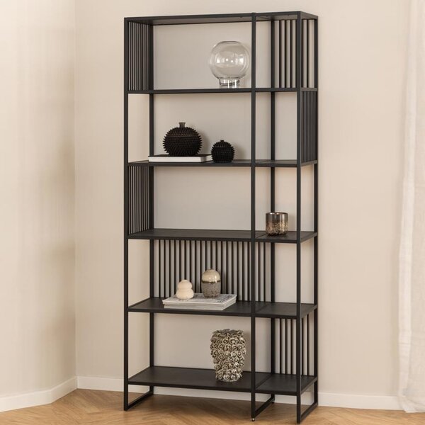Surf Tall Wooden Bookcase With Metal Frame In Matt Black Izmir