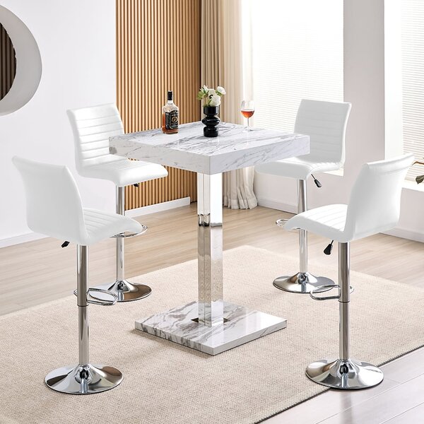 Topaz Filo Effect Gloss Bar Table With 4 Ripple White Stools