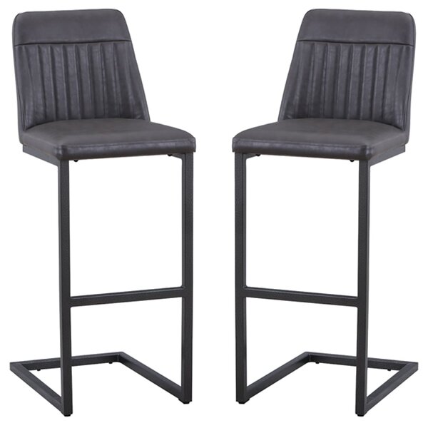 Vandalia Vintage Grey Leather Bar Stools In Pair