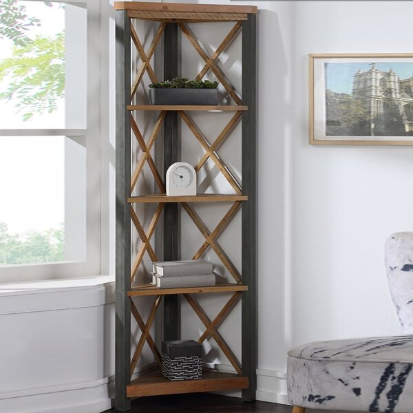 Utica Wooden Corner Bookcase With 4 Shelves In Satin Lacquer