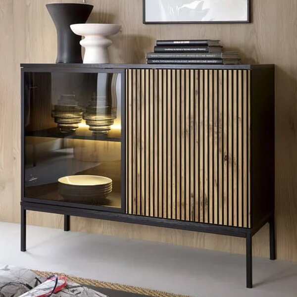 Selma Wooden Display Cabinet With 2 Doors In Black And Wotan Oak