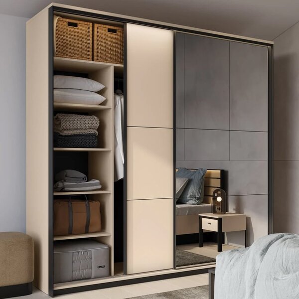 Eureka Wooden Wardrobe With 2 Sliding Doors In Beige And LED
