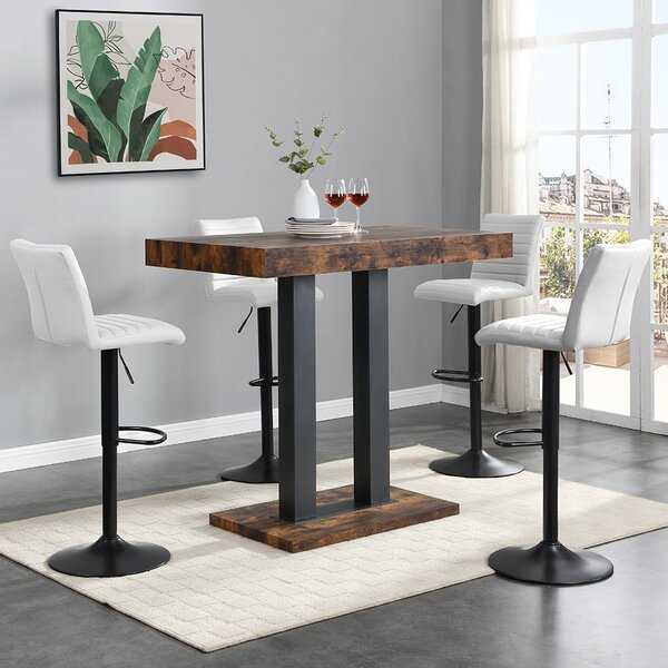 Caprice Small Rustic Oak Bar Table Black Base 4 Ripple White Stools