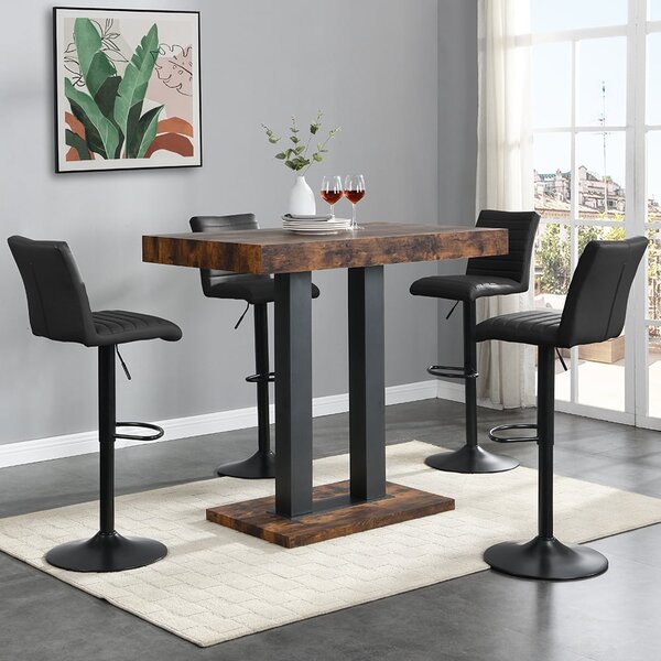 Caprice Small Rustic Oak Bar Table Black Base 4 Ripple Black Stools