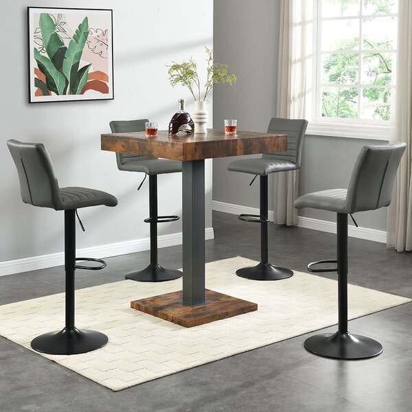 Topaz Rustic Oak Bar Table With Black Base 4 Ripple Grey Stools