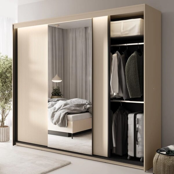 Trier Wooden Wardrobe With 3 Sliding Doors In Beige And LED