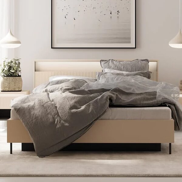 Trier Wooden Ottoman King Size Bed In Beige And LED