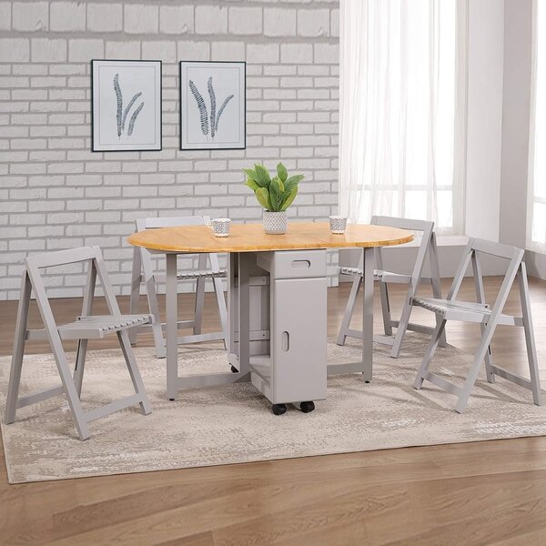 Breccia Wooden Drop Leaf Dining Table With 4 Chairs In Oak And Grey