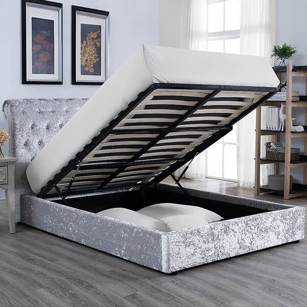 Calvine Velvet Ottoman Storage King Size Bed In Grey
