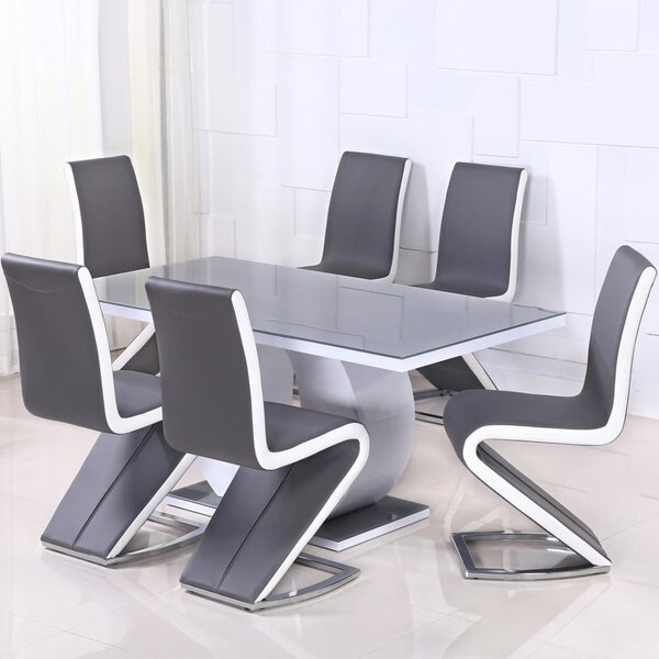 Eira Glass Top Dining Table With 6 Aelia Chairs In Grey