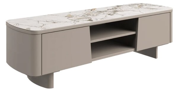 Castle White Ceramic Top TV Stand With Beige Wooden Base