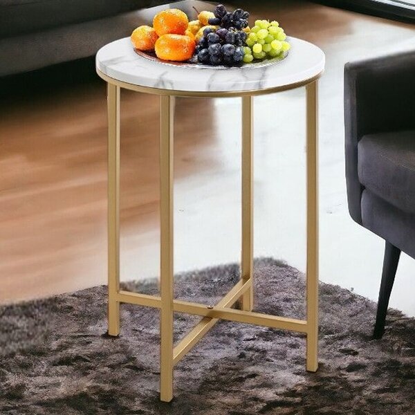 Allerton Small Wooden Round End Table In White Marble Effect