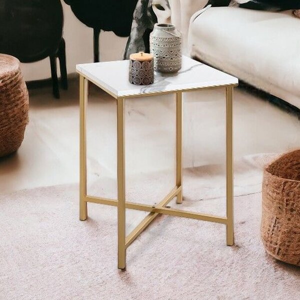 Allerton Small Wooden Square End Table In White Marble Effect