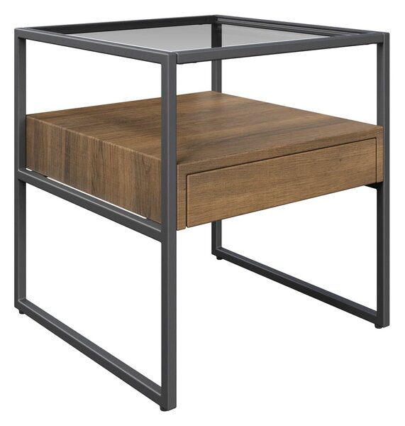 Tucson Clear Glass Side Table With 1 Wooden Drawer