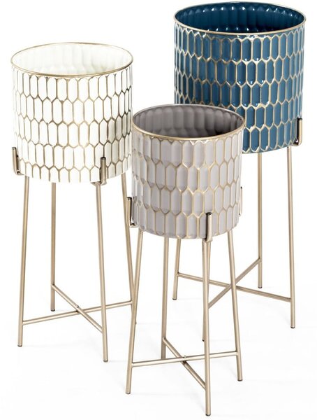 Merksem Metal Set Of 3 Planter In Turquoise Cream And Taupe
