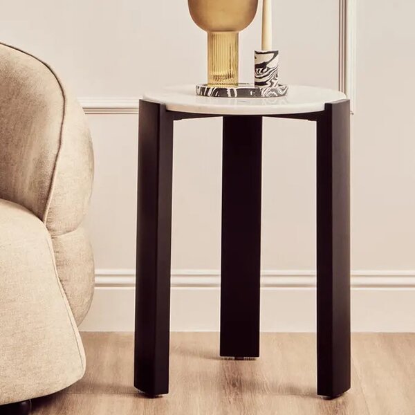 Paramus White Marble Top Side Table With Wooden Legs