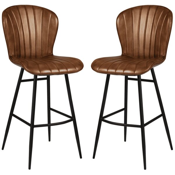 Laramie Pecan Brown Genuine Leather Bar Stools In Pair