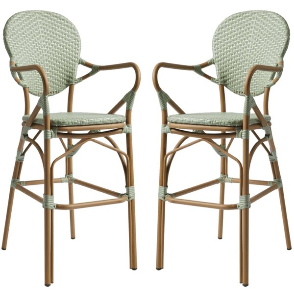 Edinburg Pastel Green Rattan Bar Stools With Wooden Frame In Pair