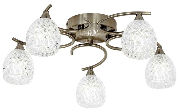 Barco 5 Lights Glass Flush Ceiling Light In Antique Brass