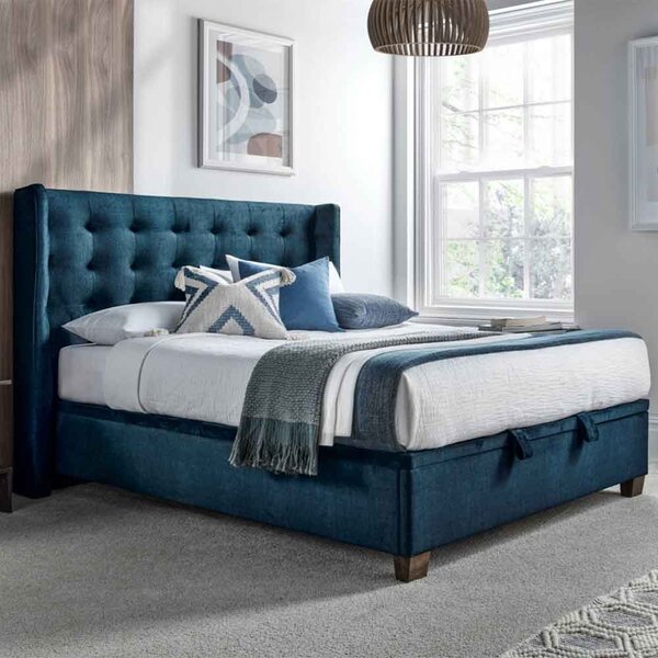 Boone Fabric Ottoman Storage Double Bed In Deep Ocean