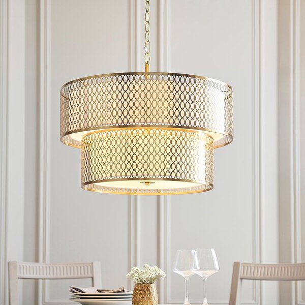 Cagney 6 Light White Fabric Shade Pendant Light In Gold