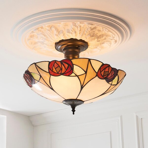 Ingram 3 Lights Tiffany Glass Semi Flush Light In Satin Black