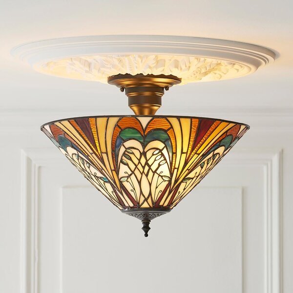 Hector 3 Lights Tiffany Glass Semi Flush Light In Satin Black