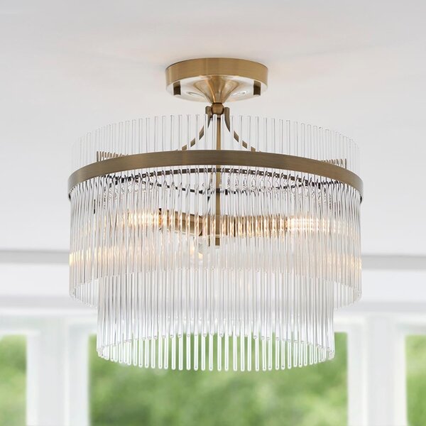 Mainz 3 Light Clear Glass Semi Flush Light In Antique Brass