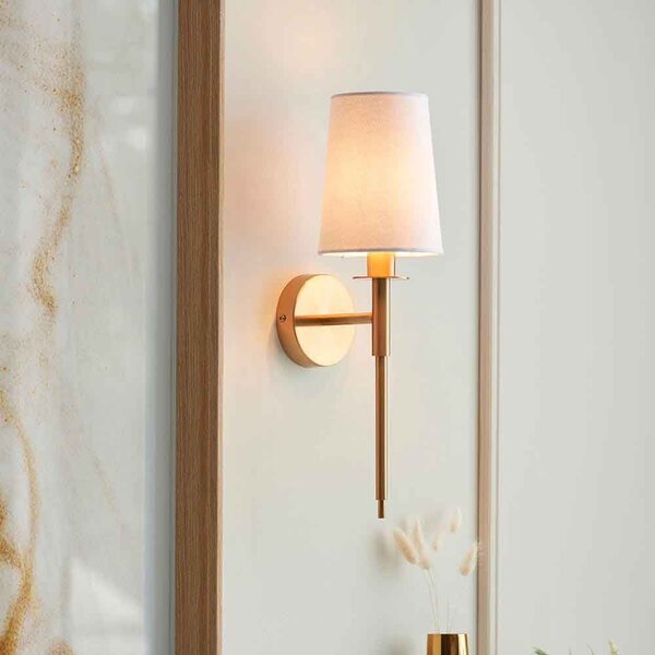 Newkirk Vintage White Fabric Wall Light In Brass
