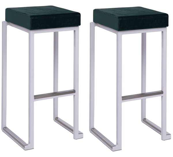 Kelowna Green Velvet Bar Stools With White Steel Frame In Pair