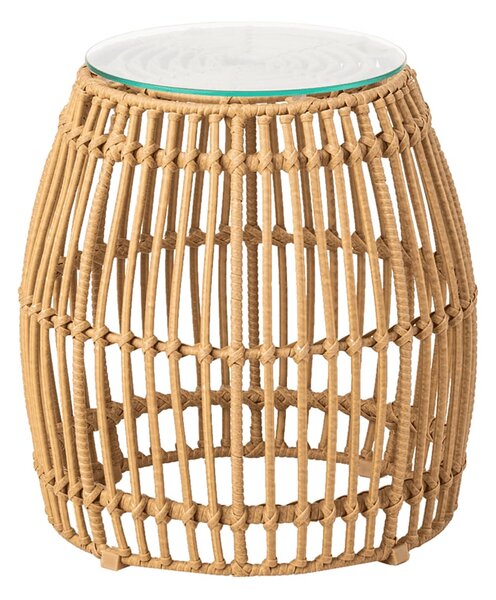 Ponoka Glass Top Outdoor Side Table With Rattan Base In Natural