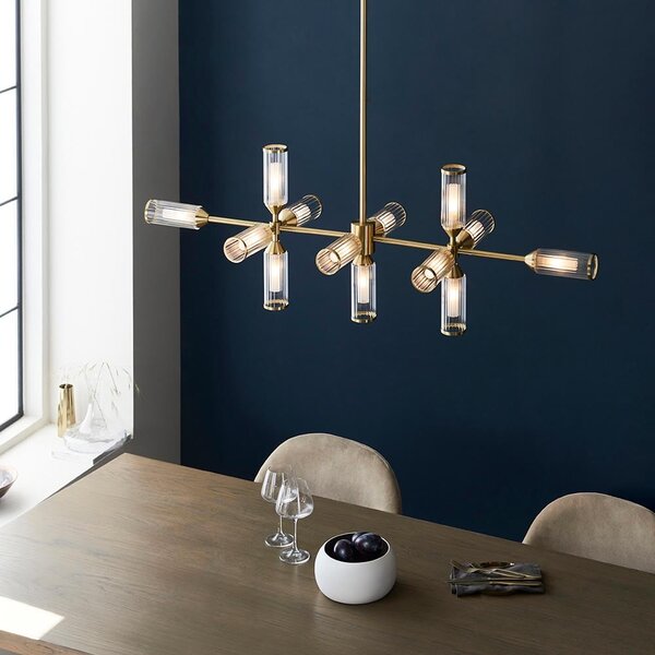 Reno Ribbed Glass Linear Pendant Ceiling Light In Satin Brass