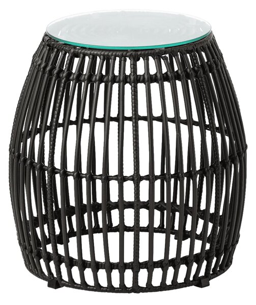 Ponoka Glass Top Outdoor Side Table With Rattan Base In Black