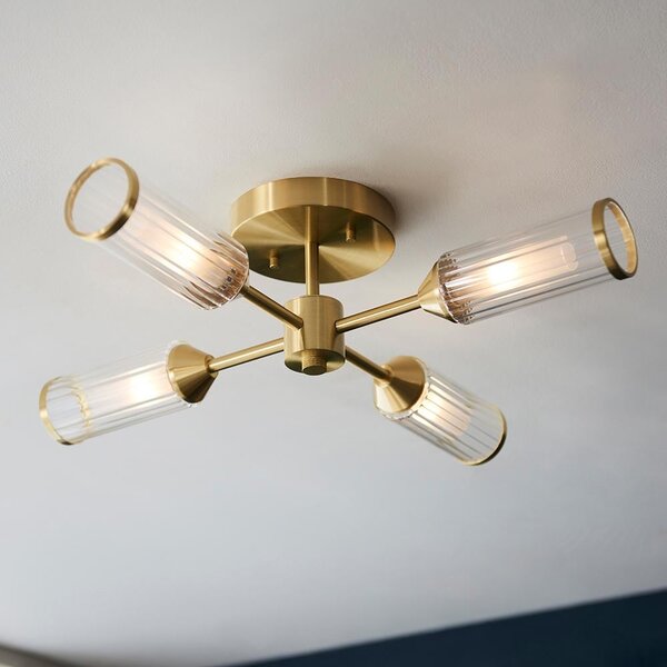 Reno 4 Light Ribbed Glass Semi Flush Light In Satin Brass